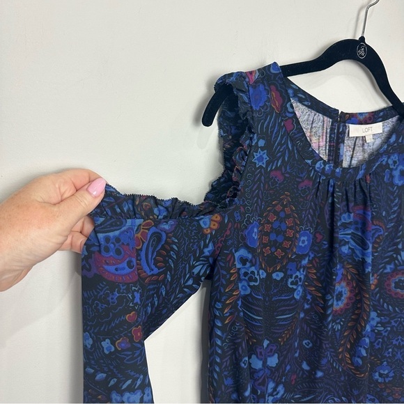 Loft Paisley Floral Blouse Blue Purple Red Ruffle Cutout Shoulder Long Sleeve - Picture 5 of 9